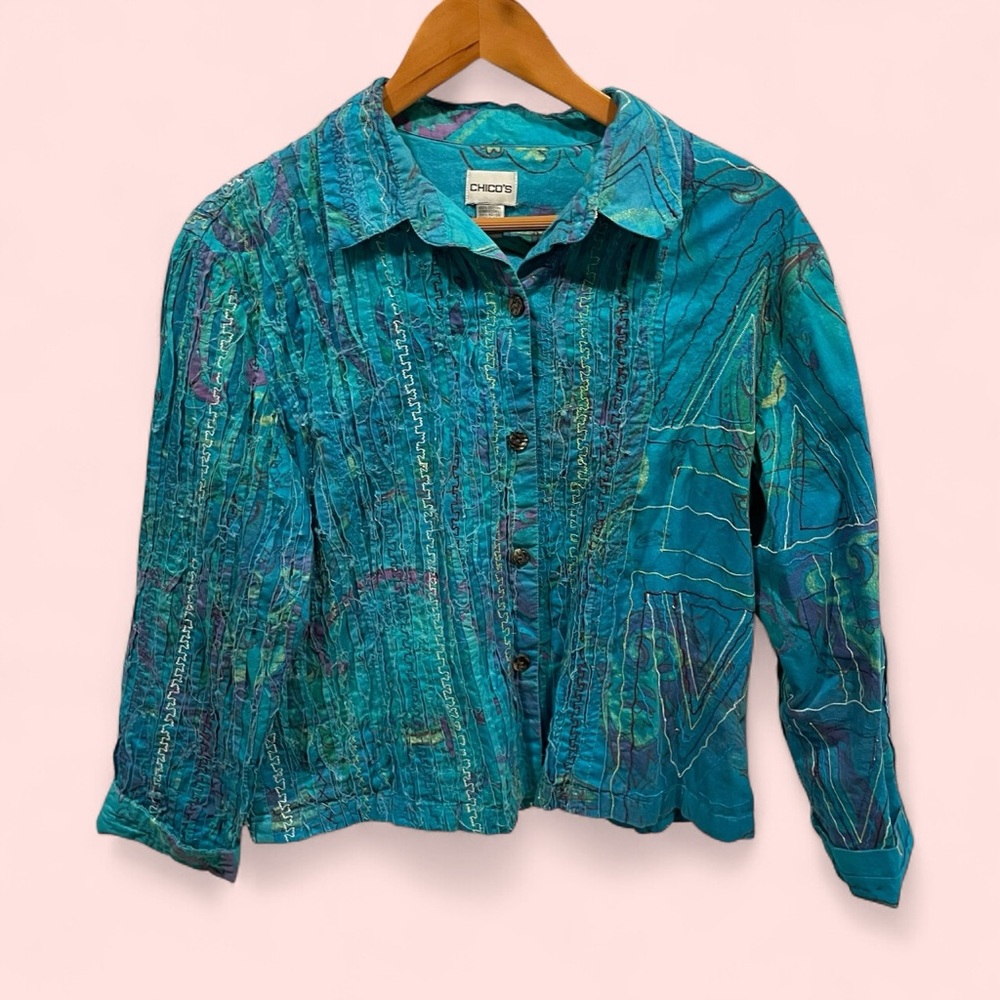 Chico’s aquamarine distressed rainbow embroidery light jacket chunky buttons